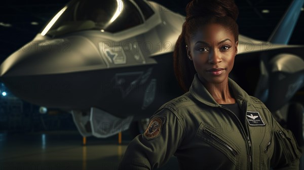 Proud african american female air force fighter pilot standing in front of her F35