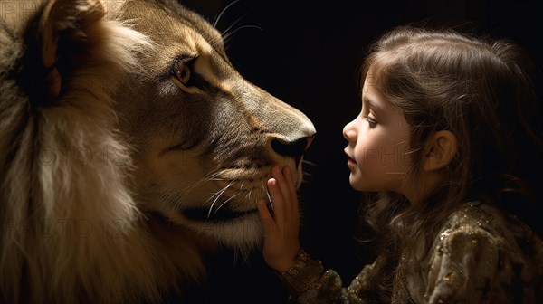 Profile of A fearless young female child gently touching the face of A very large lion