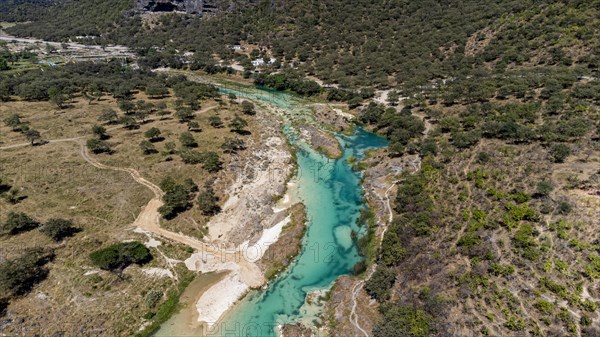 Aerial of a turquoise river in Wadi Darbat