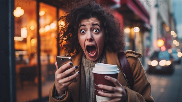 Delightedly surprised or horrified young adult female holding her coffee cup and cell phone walking outside