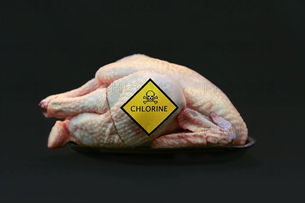 Concept for chlorinated chicken with raw whole chicken with yellow warning label with skull and word 'Chlorine' on it on black background