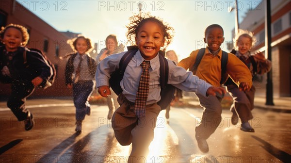 Happy laughing multi-ethnic children on their way to school