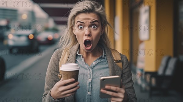 Delightedly surprised or horrified young adult female holding her coffee cup and cell phone walking outside