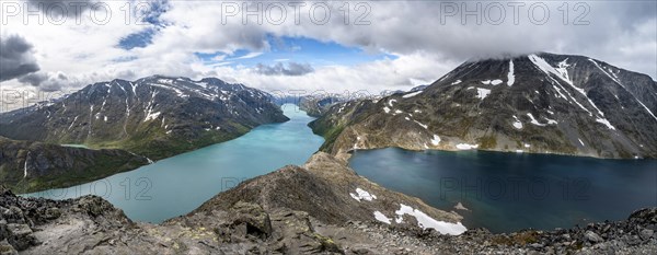 View of lake Gjende and lake Bessvatnet with mountains