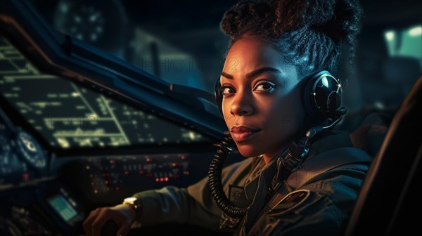 Proud african american female air force fighter pilot in the cockpit of her fighter jet