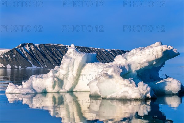 Iceberg floating in a fjord at a mountainous coastal landscape in Arctic