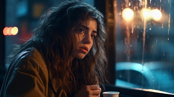 Young girl sits alone and afraid in a damp diner at night