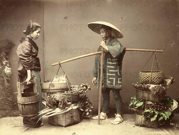 Greengrocer with customer