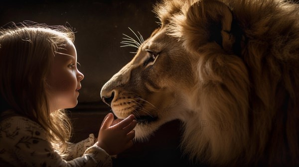 Profile of A fearless young female child gently touching the face of A very large lion