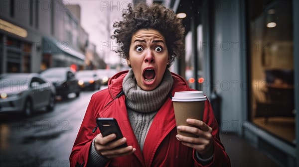 Delightedly surprised or horrified young adult female holding her coffee cup and cell phone walking outside