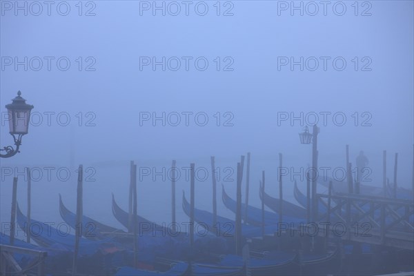 Moored gondolas at the Bacino di San Marco in the fog