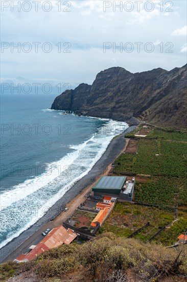 Black beach in the village of Hermigua in the north of La Gomera