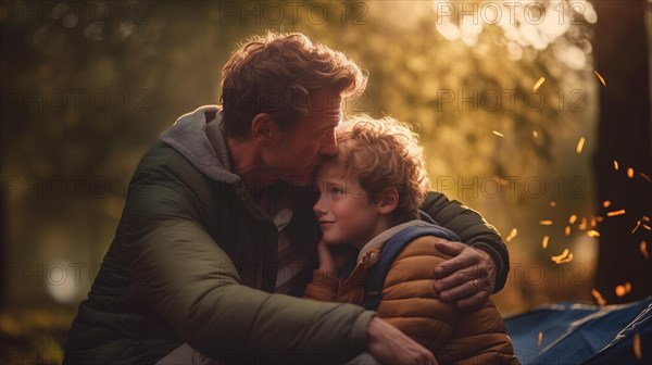 Touching moment of A father hugging his son at their campsite