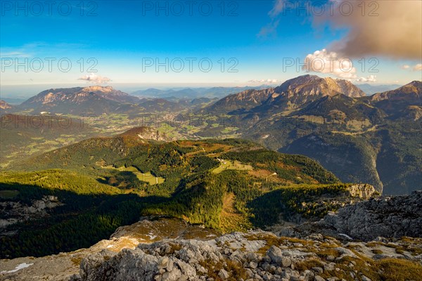 View of Berchtesgaden in autumn from the Kleiner Watzmann with Untersberg