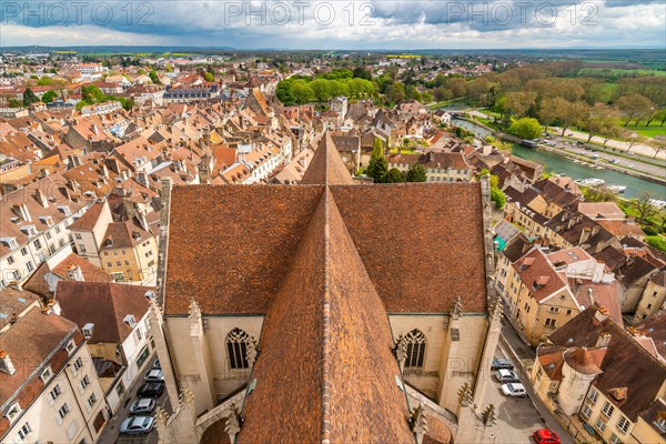 View from the tower of the Collegiate Church of Notre Dame of the houses and roofs in the historic centre