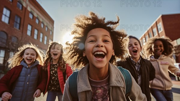 Happy laughing multi-ethnic children on their way to school