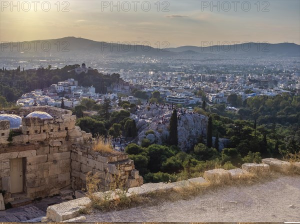 View of Athens and Areopagus hill from Acropolis hill and walls