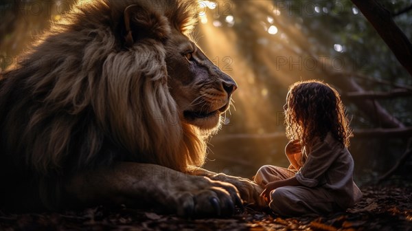 Profile of A fearless young female child sitting and talking to A very large lion