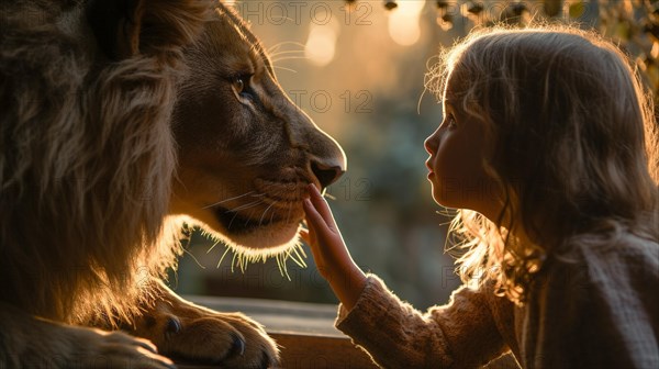 Profile of A fearless young female child gently touching the face of A very large lion