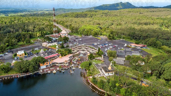 Bird's eye view of aerial view of temple Temple complex for Hindi worshippers of largest Hindu sanctuary outside India at Holy Lake Ganga Talao