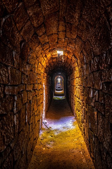 Underground escape tunnel made of old natural stones on the Rieseneck hunting estate