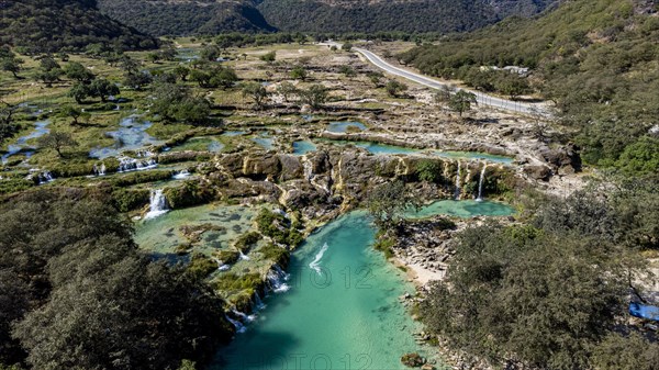 Aerial of turquoise waterfalls
