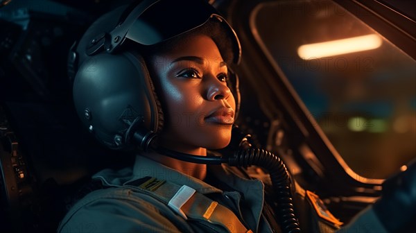 Proud african american female air force fighter pilot in the cockpit of her fighter jet