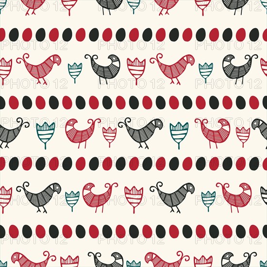 Decorative hen and eggs hand drawn seamless vector pattern