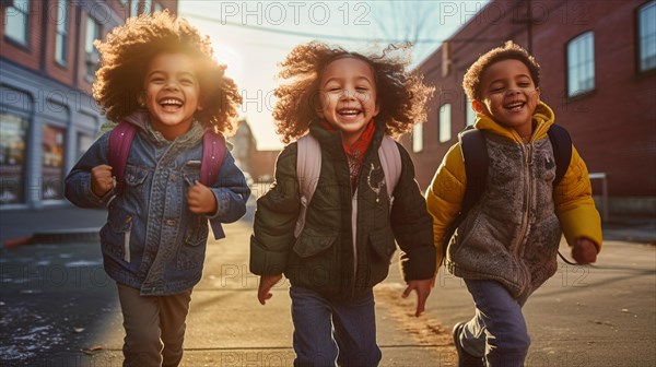 Happy laughing multi-ethnic children on their way to school