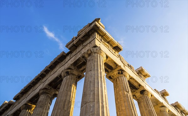 View of corner of Parthenon and its columns on Acropolis in Athens