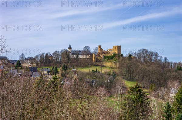 Beautiful view of Frauenstein Castle and Castle Ruins in the Ore Mountains