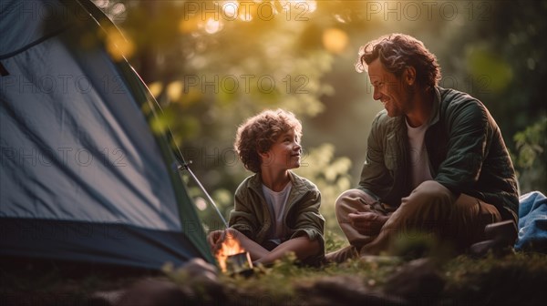 Father and son enjoying their campsite with their tent and campfire together
