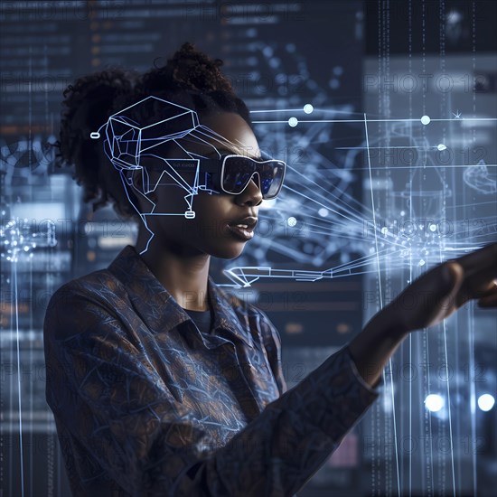 Woman with data glasses for artificial intelligence stands in front of a data stream