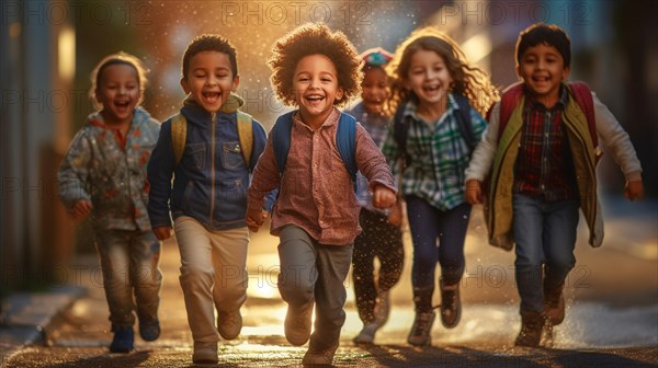 Happy laughing multi-ethnic children on their way to school