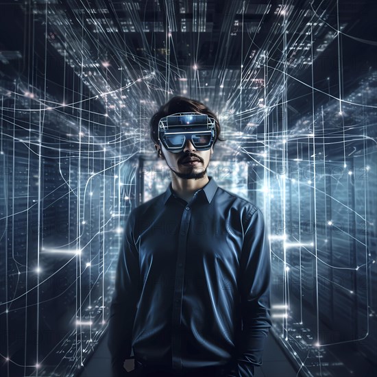 Man with data glasses for artificial intelligence stands in front of a data stream