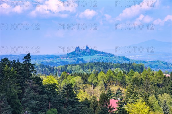 Trosky Castle in the distance from a vantage point in Prachovske Skaly