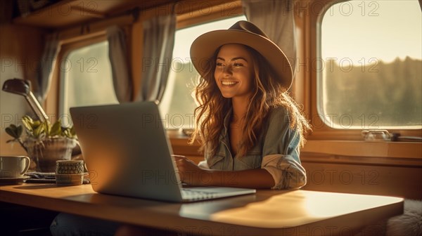 Happy mixed-race young adult female enjoying working remotely inside her RV camper trailer