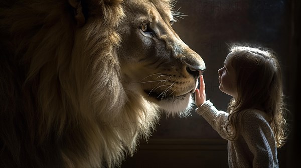 Profile of A fearless young female child gently touching the face of A very large lion
