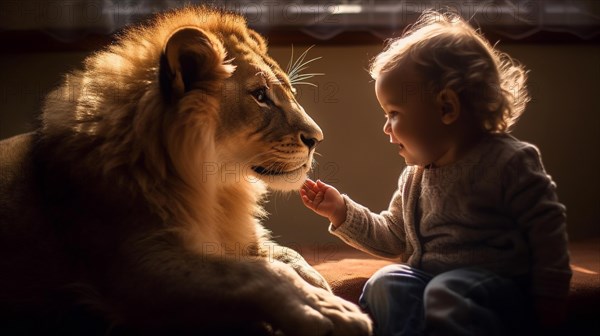 Profile of A fearless baby child reaching for the face of A very large lion sitting next to her