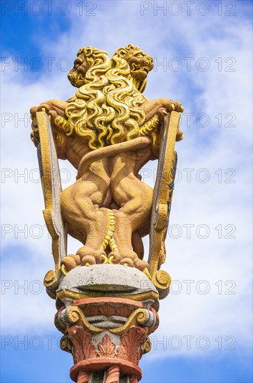 Stone sculpture of two heraldic heraldic animals in the shape of lions holding the city coat of arms and the coat of arms with the imperial eagle