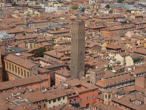 Aerial view of the Torre Prendiparte tower in the city of Bologna