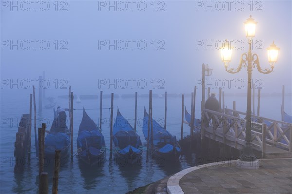 Moored gondolas at the Bacino di San Marco in the fog