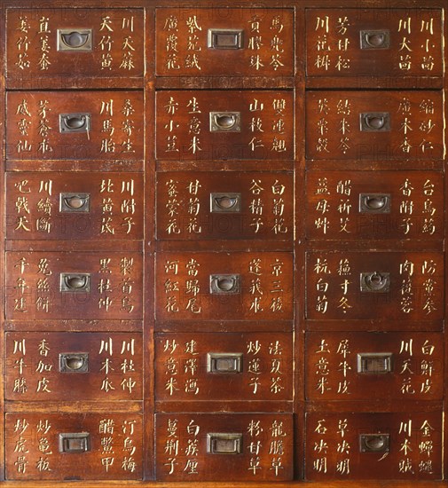 Chinese pharmacy cabinet with Chinese medicine in Chinatown