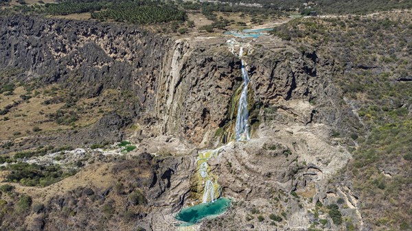 Aerial of a turquoise waterfall