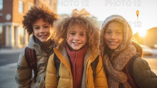 Happy laughing multi-ethnic children on their way to school