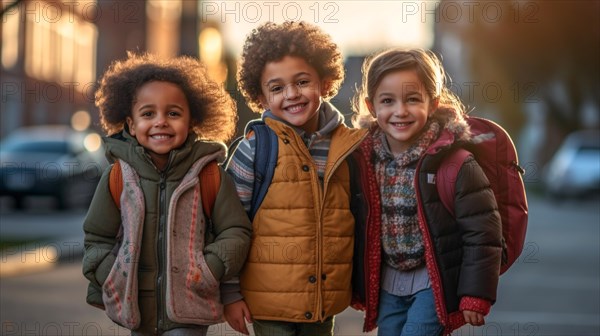 Happy laughing multi-ethnic children on their way to school