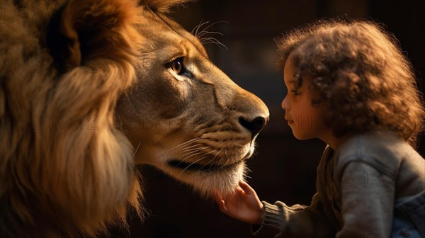 Profile of A fearless young female child gently touching the face of A very large lion