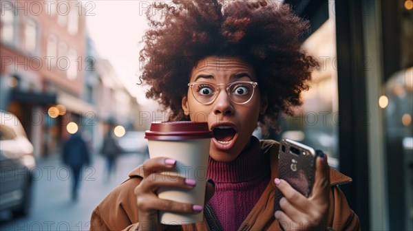 Delightedly surprised or horrified young adult female holding her coffee cup and cell phone walking outside