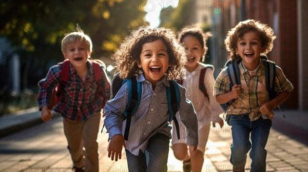 Happy laughing multi-ethnic children on their way to school