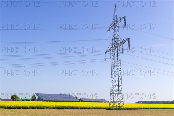 High-voltage pylon on field